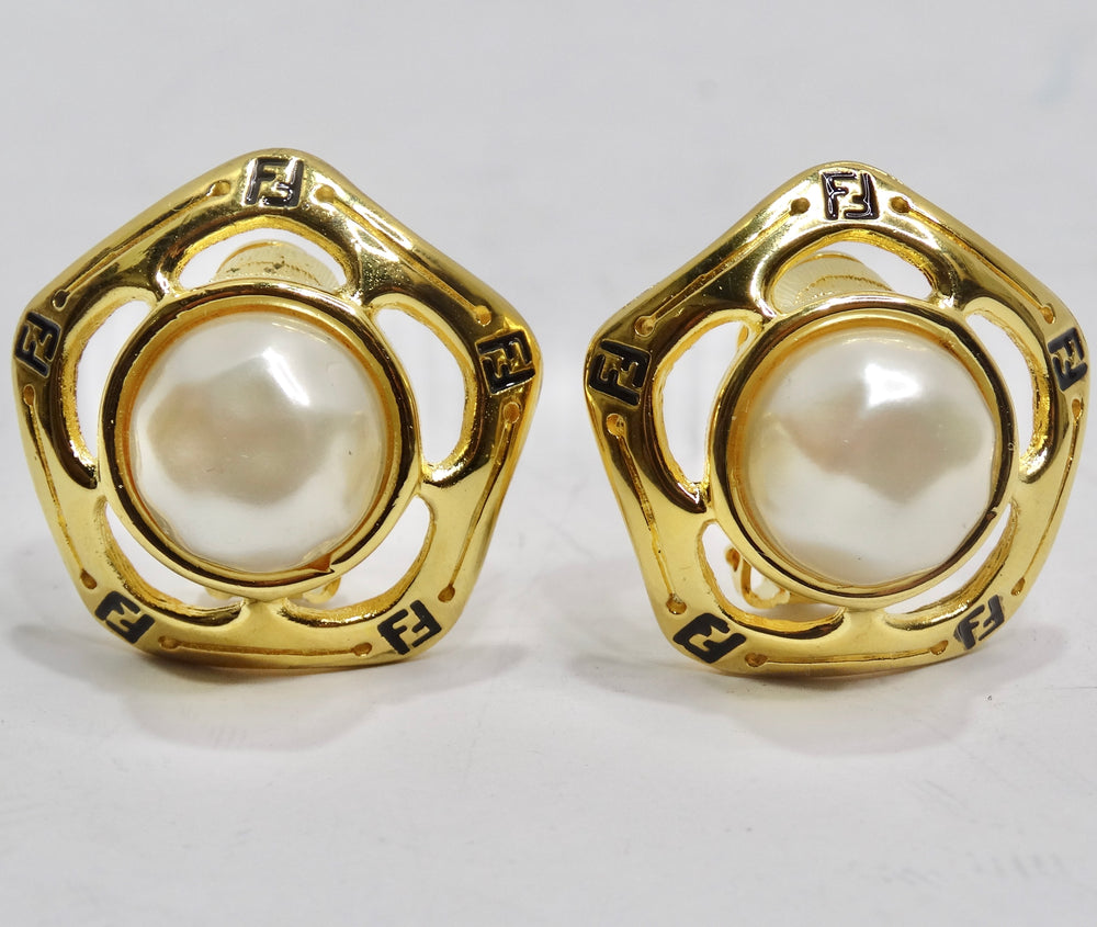 Fendi 1980s Gold Tone FF Pearl Earrings