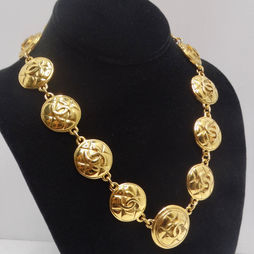 Chanel 1980s Gold Tone Logo Quilted Medallion Necklace