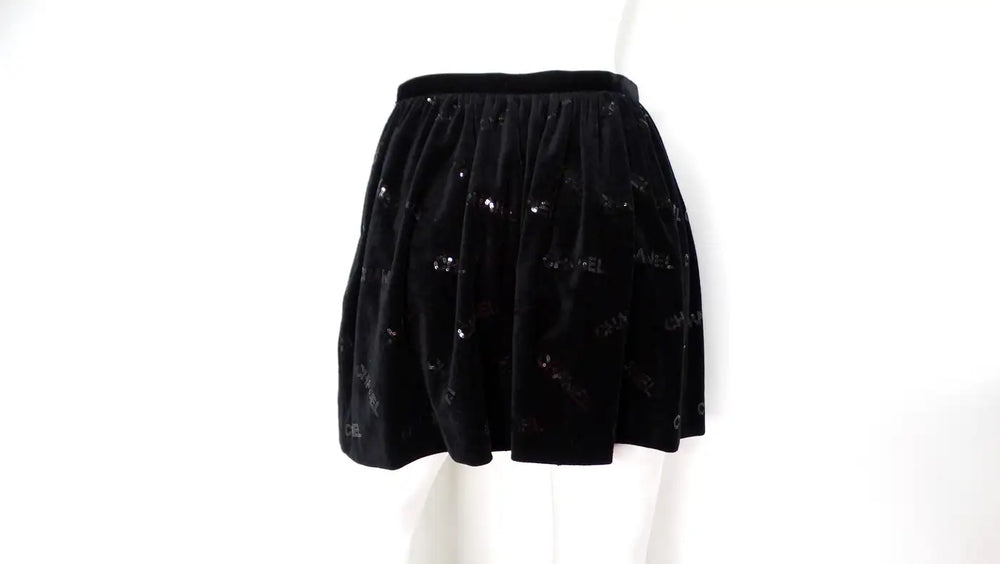Chanel Black Velvet Sequin Logo Mini Skirt 2022