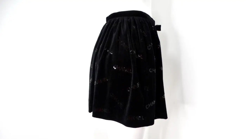 Chanel Black Velvet Sequin Logo Mini Skirt 2022