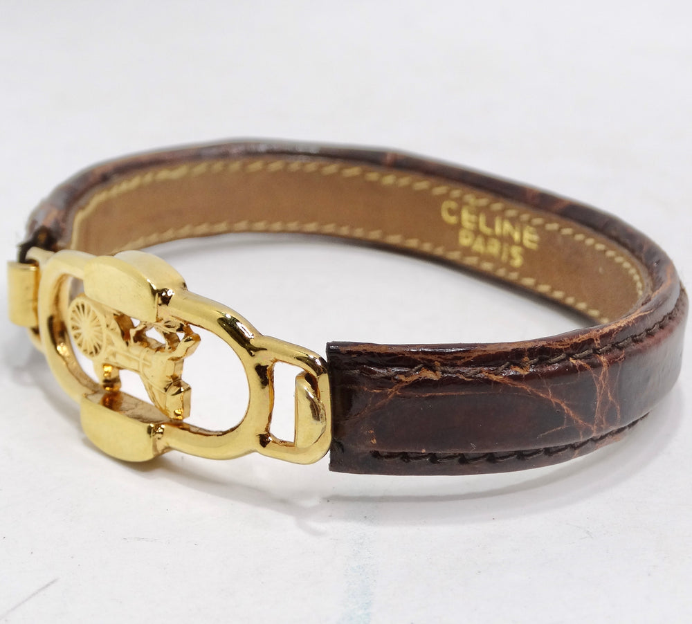 Celine 1990s Gold Tone Horse Emblem Leather Bracelet