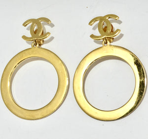 Chanel 1980s Gold Tone Logo Jumbo Hoop Earrings