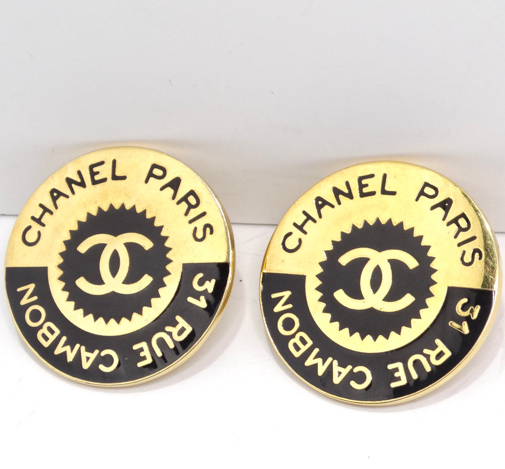 Chanel 1980s 31 Rue Cambon Logo Black Gold Plated Earrings