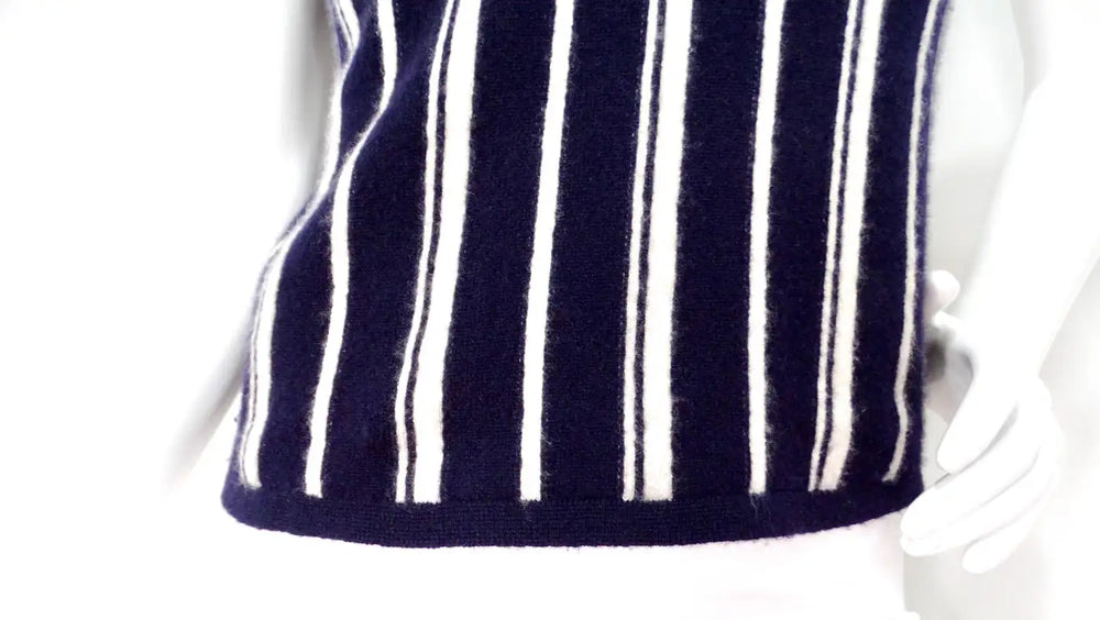 Chanel Cashmere Navy Blue & White Striped Top With Buttons