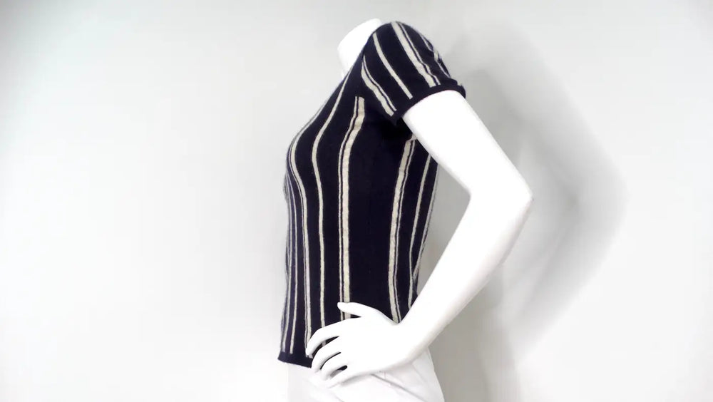 Chanel Cashmere Navy Blue & White Striped Top With Buttons