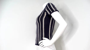 Chanel Cashmere Navy Blue & White Striped Top With Buttons