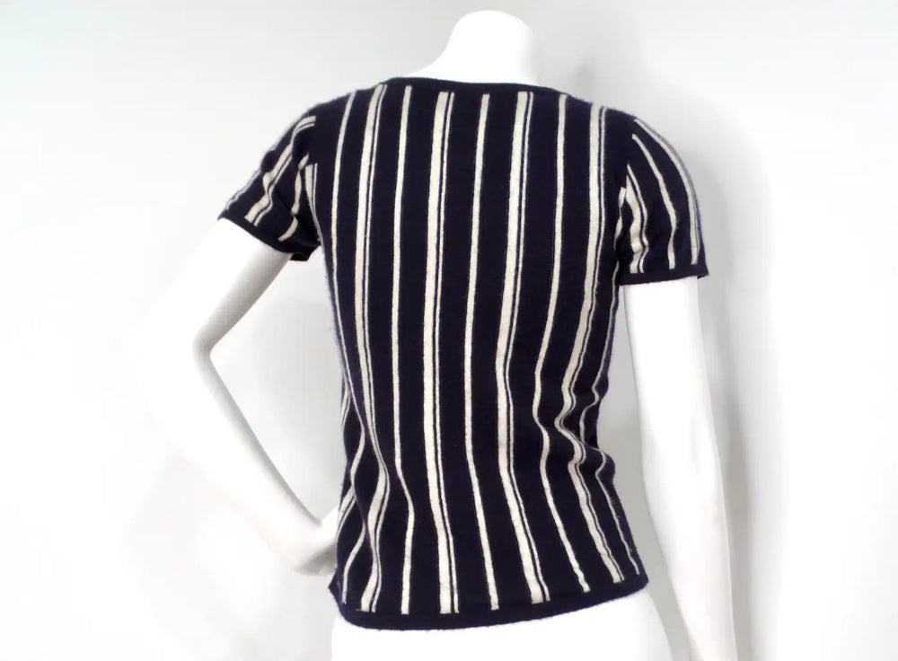 Chanel Cashmere Navy Blue & White Striped Top With Buttons