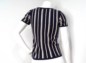 Chanel Cashmere Navy Blue & White Striped Top With Buttons