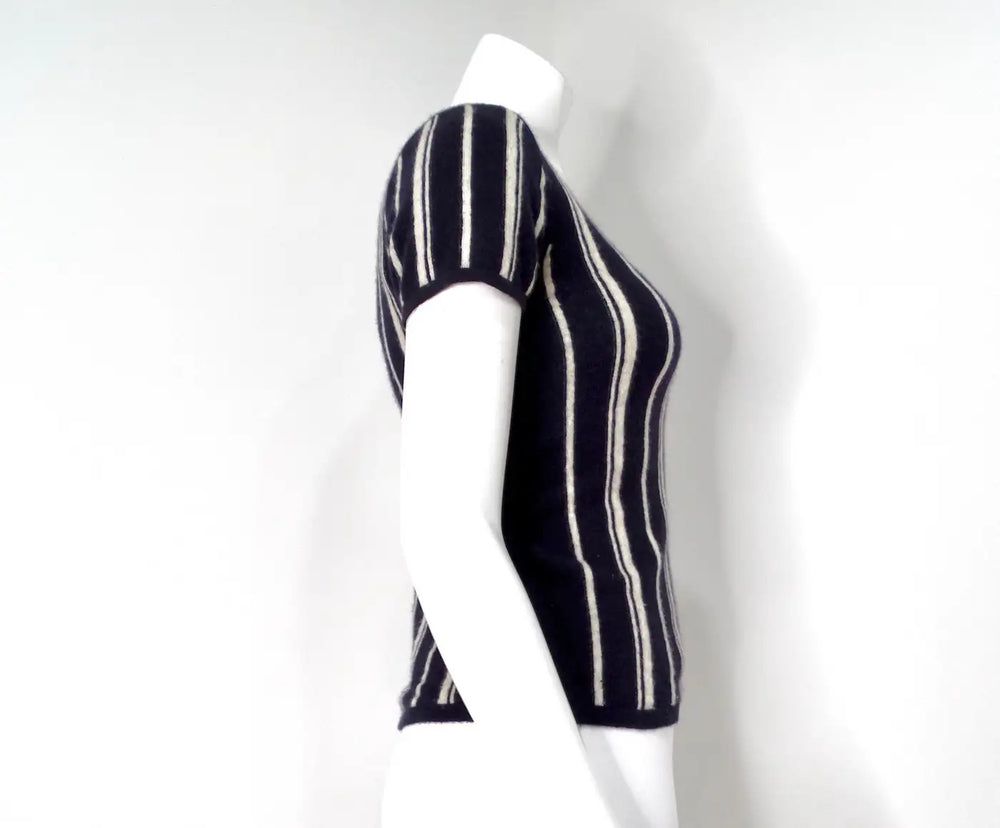 Chanel Cashmere Navy Blue & White Striped Top With Buttons
