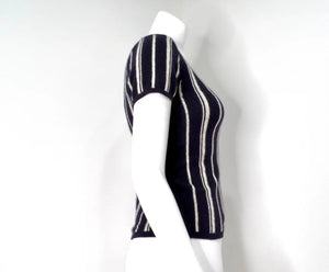 Chanel Cashmere Navy Blue & White Striped Top With Buttons