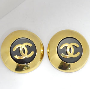 Chanel 1980s Jumbo Gold Plated Black CC Logo Clip On Earrings