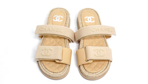 Chanel Beige Lambskin Espadrille Strap Sandals