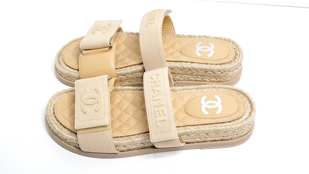 Chanel Beige Lambskin Espadrille Strap Sandals