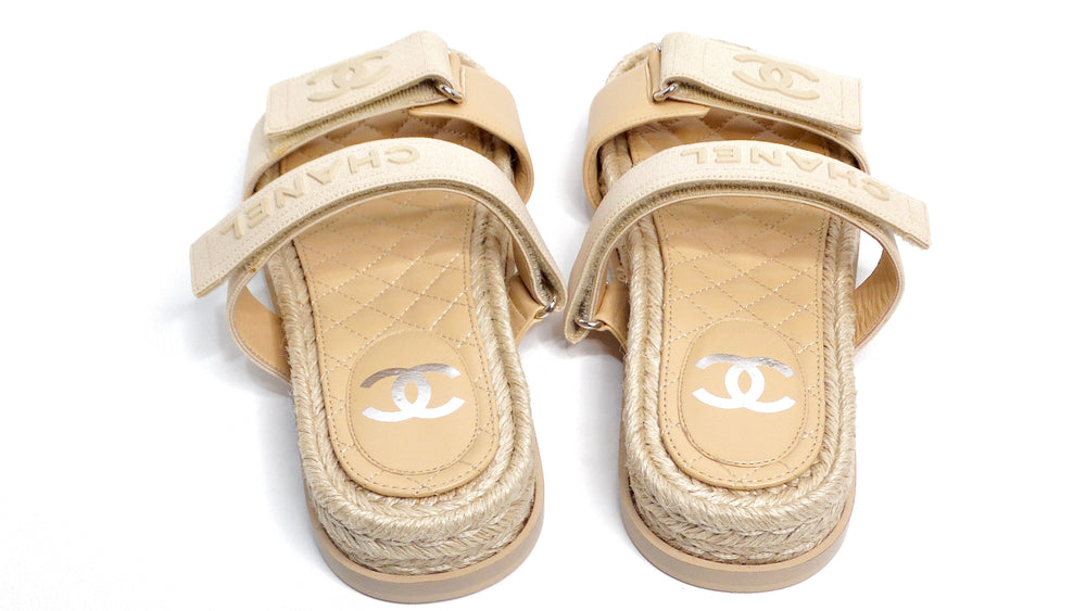 Chanel Beige Lambskin Espadrille Strap Sandals