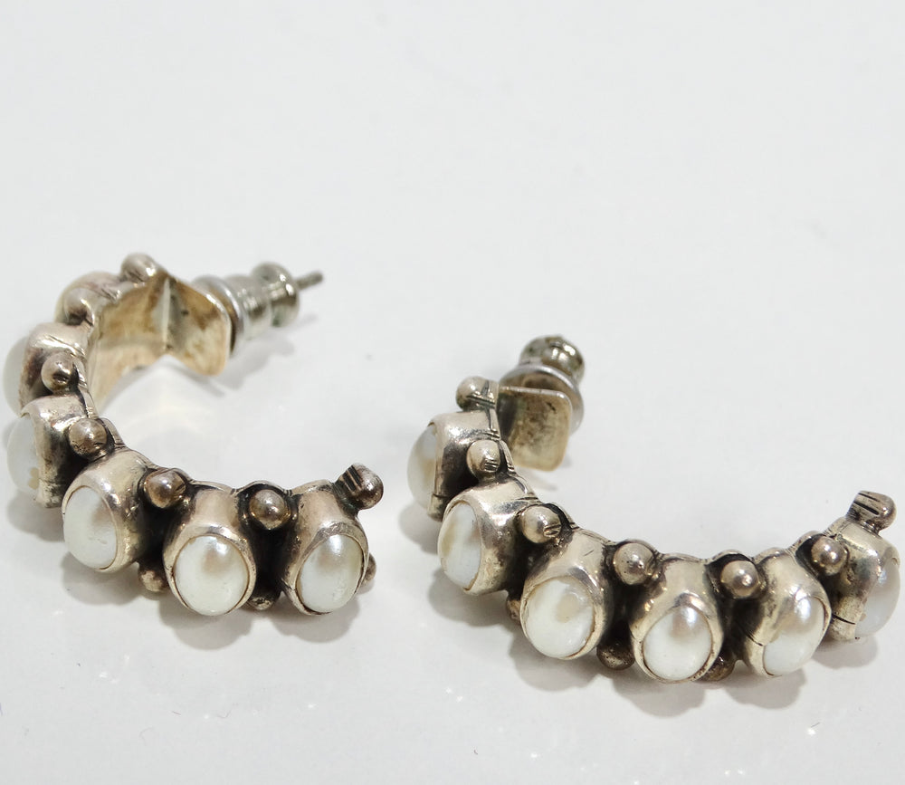 1960s Sterling Silver Pearl Hoop Earrings