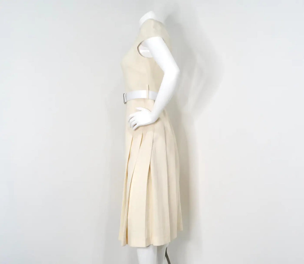 Fendi Cream Wool Buckle Belted Dress With Floral Detailed Neckline