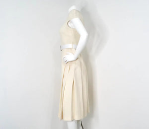 Fendi Cream Wool Buckle Belted Dress With Floral Detailed Neckline
