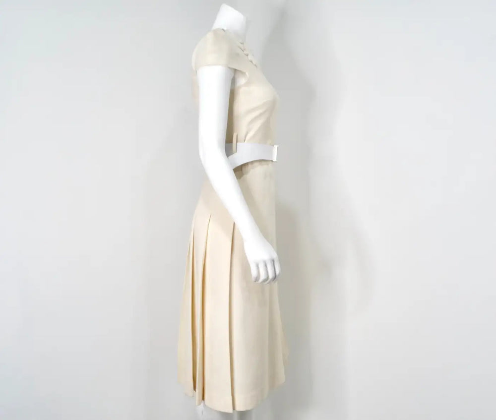 Fendi Cream Wool Buckle Belted Dress With Floral Detailed Neckline