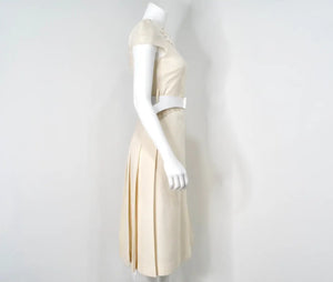 Fendi Cream Wool Buckle Belted Dress With Floral Detailed Neckline
