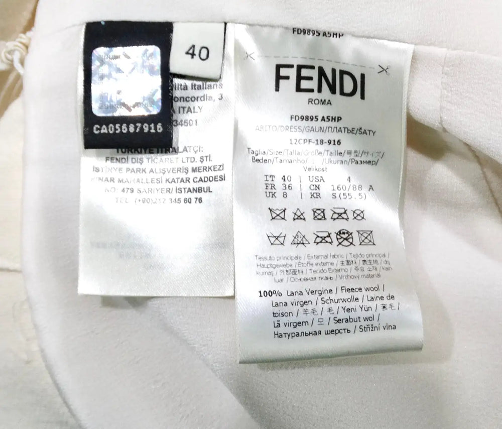 Fendi Cream Wool Buckle Belted Dress With Floral Detailed Neckline