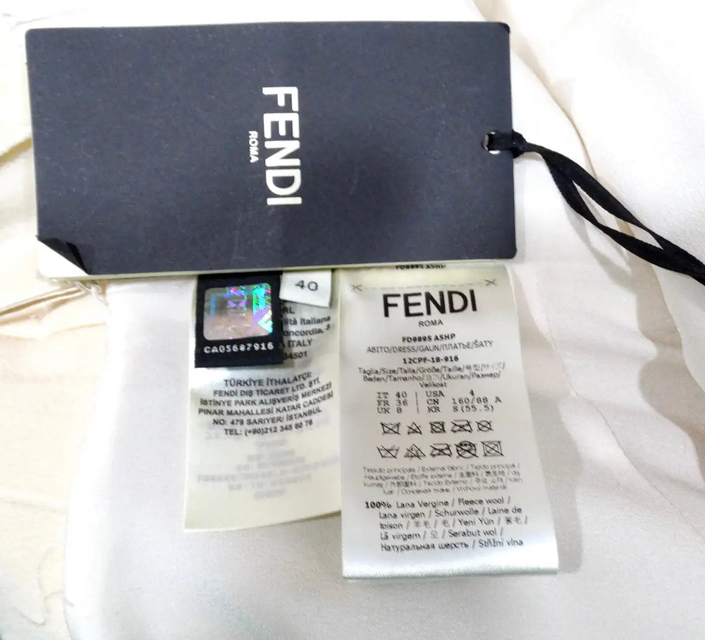 Fendi Cream Wool Buckle Belted Dress With Floral Detailed Neckline