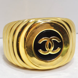 Chanel 1980s CC Logo Ribbed Gold Tone Cuff Bracelet