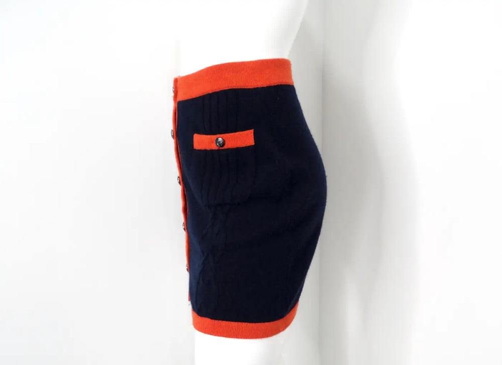 Chanel Navy Blue & Orange Cashmere Knit Mini Skirt