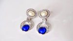 1990s Yves Saint Laurent Crystal Encrusted Faux Sapphire Pearl Clip-On Earrings