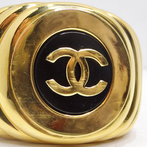 Chanel 1980s CC Logo Ribbed Gold Tone Cuff Bracelet