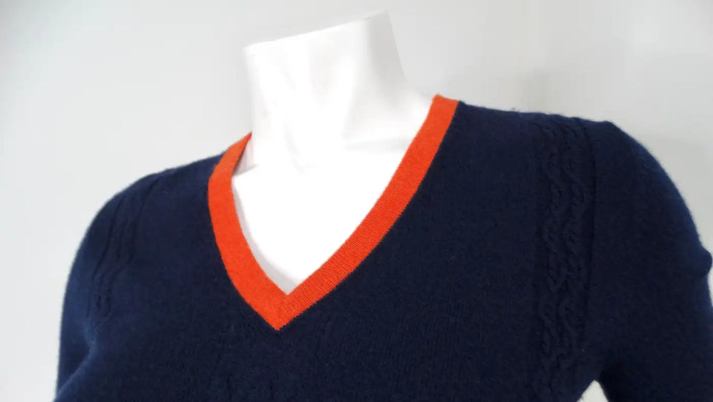 Chanel Navy Blue & Orange Cashmere V-Neck Top