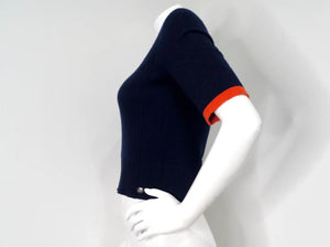 Chanel Navy Blue & Orange Cashmere V-Neck Top