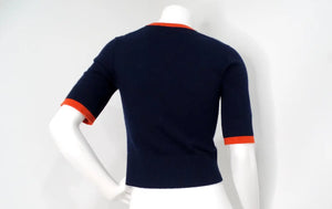 Chanel Navy Blue & Orange Cashmere V-Neck Top