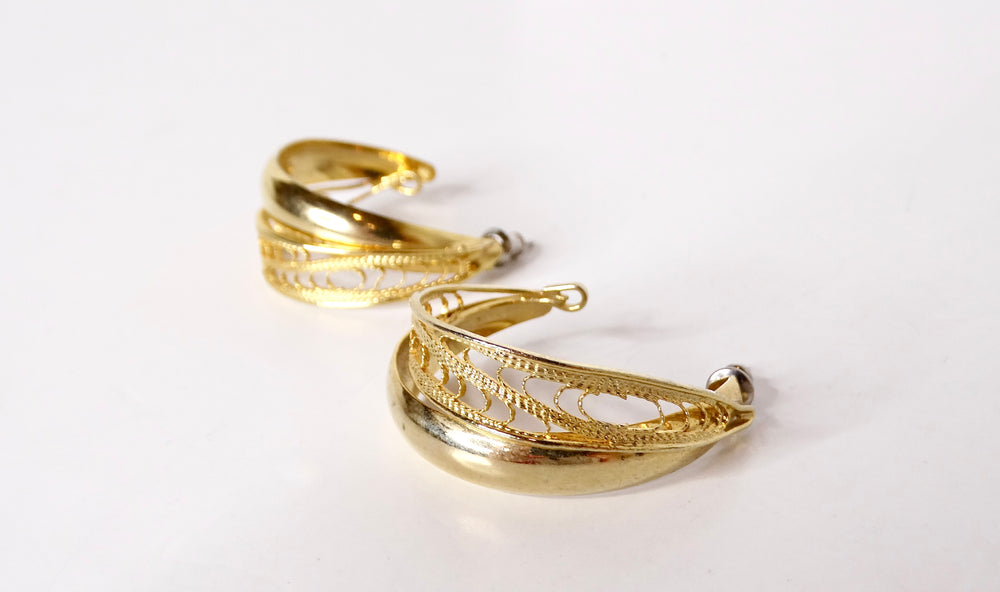 1990s Filigree Detail 14k Gold Plated Hoop Earrings