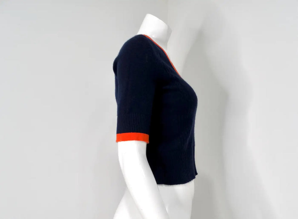 Chanel Navy Blue & Orange Cashmere V-Neck Top