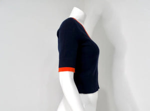 Chanel Navy Blue & Orange Cashmere V-Neck Top
