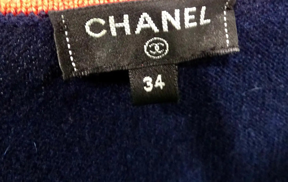 Chanel Navy Blue & Orange Cashmere V-Neck Top