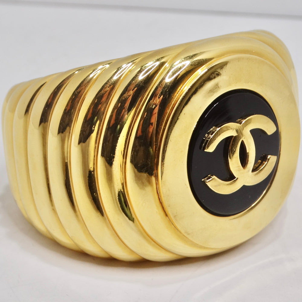 Chanel 1980s CC Logo Ribbed Gold Tone Cuff Bracelet