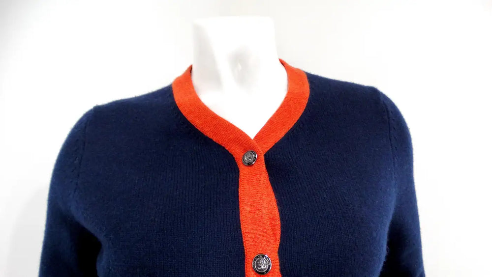 Chanel Navy Blue & Orange Cashmere Cardigan
