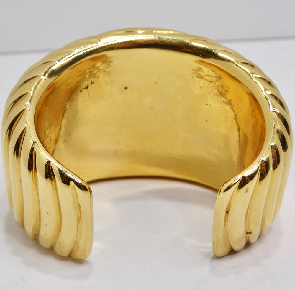 Chanel 1980s CC Logo Ribbed Gold Tone Cuff Bracelet
