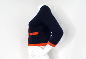 Chanel Navy Blue & Orange Cashmere Cardigan