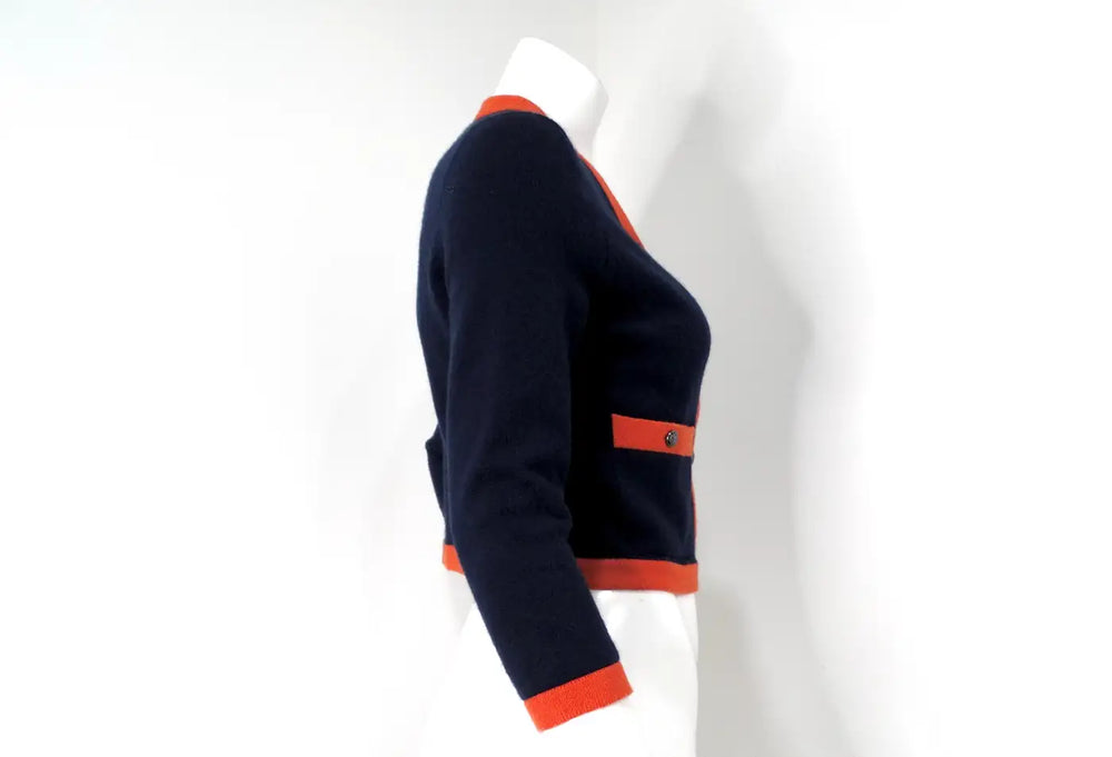 Chanel Navy Blue & Orange Cashmere Cardigan