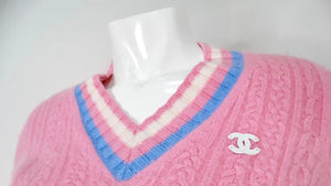 Chanel Pink Cashmere & Cotton Blend Knit V-Neck Sweater