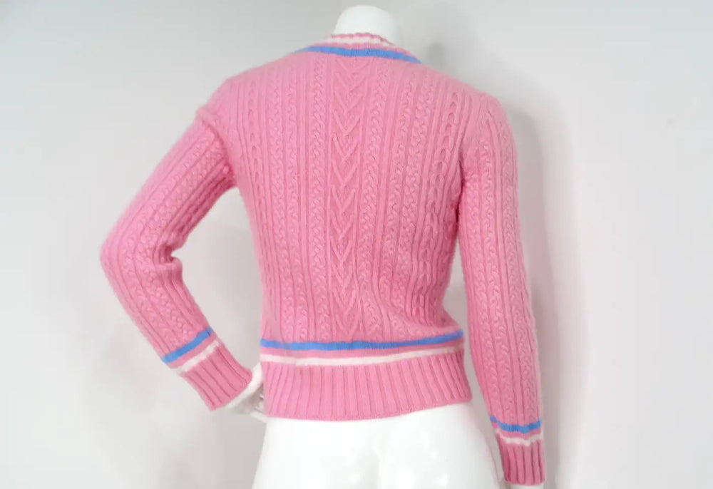 Chanel Pink Cashmere & Cotton Blend Knit V-Neck Sweater