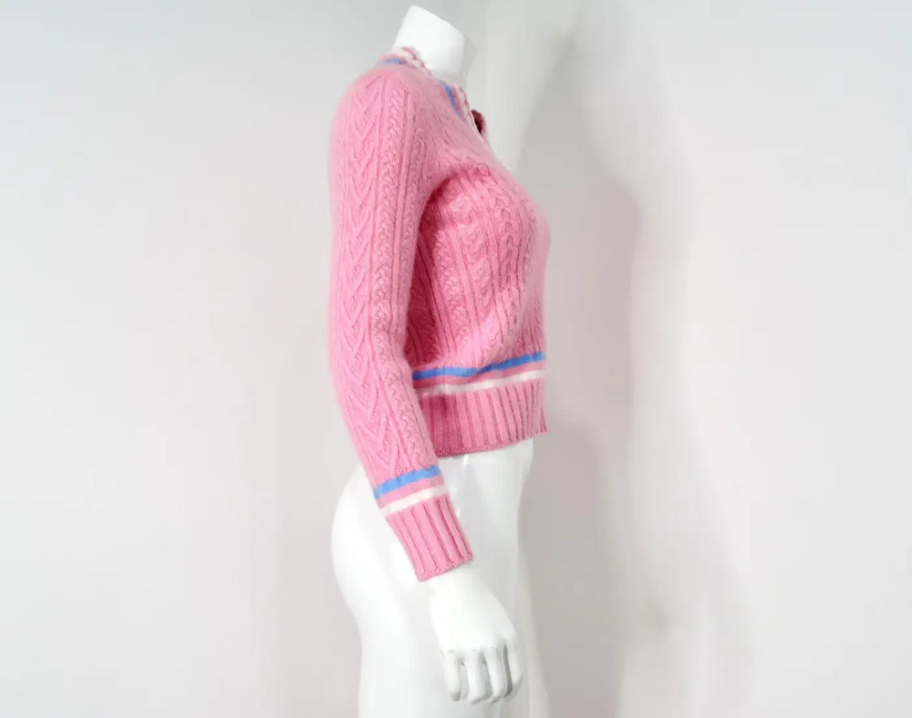 Chanel Pink Cashmere & Cotton Blend Knit V-Neck Sweater
