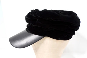 Giorgio Armani Black Velvet Gathered Leather Brim Hat circa Y2K