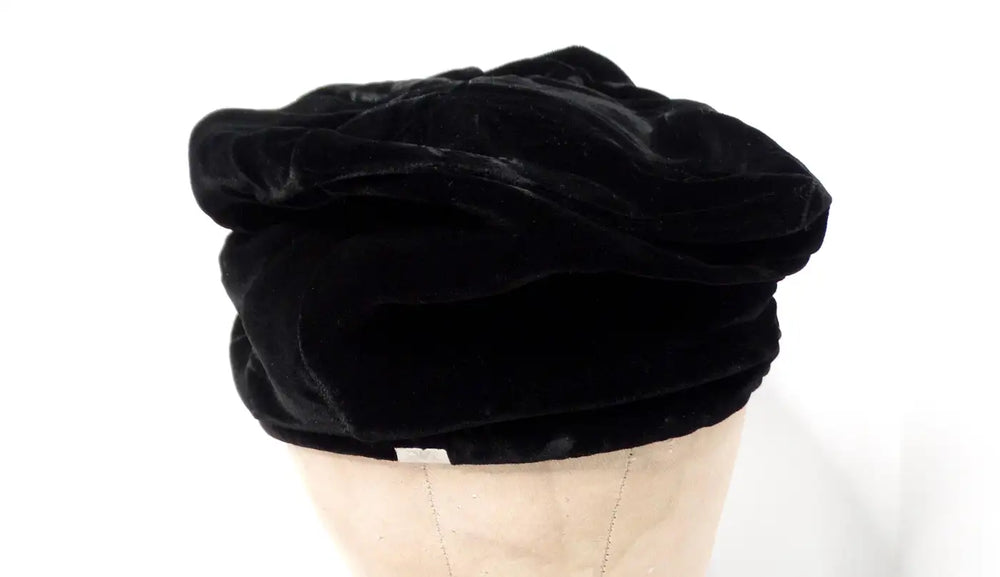 Giorgio Armani Black Velvet Gathered Leather Brim Hat circa Y2K