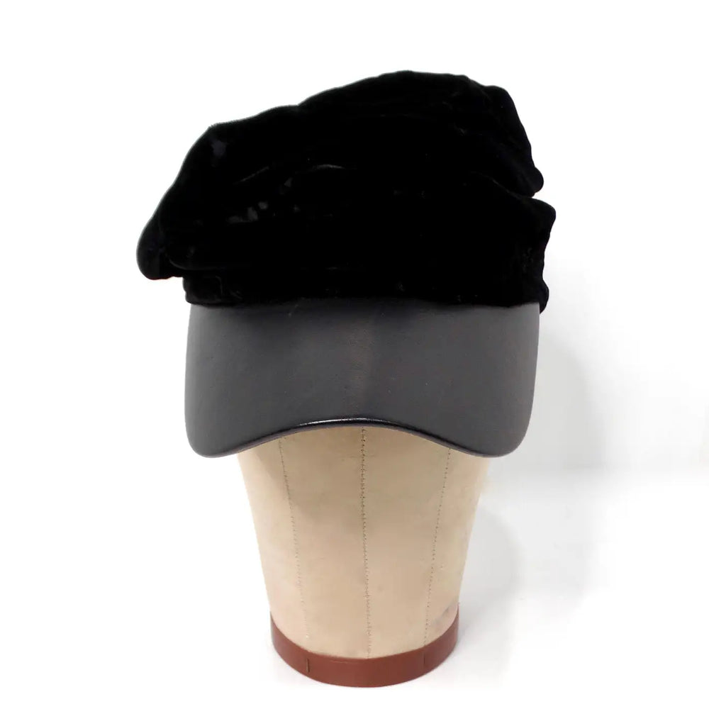 Giorgio Armani Black Velvet Gathered Leather Brim Hat circa Y2K