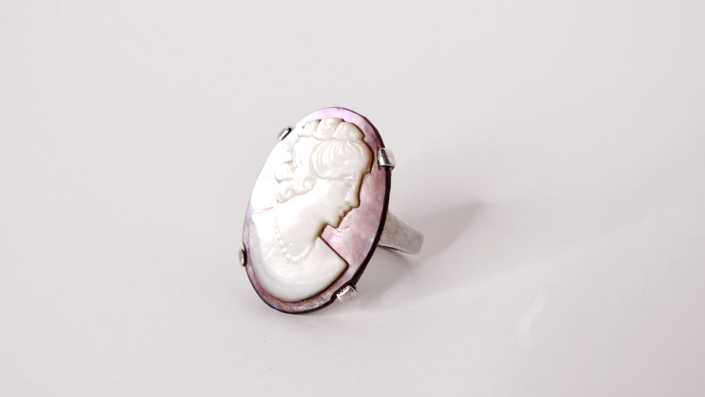 Art Nouveau Oval Iridescent Purple Shell & Sterling Silver Cameo Ring