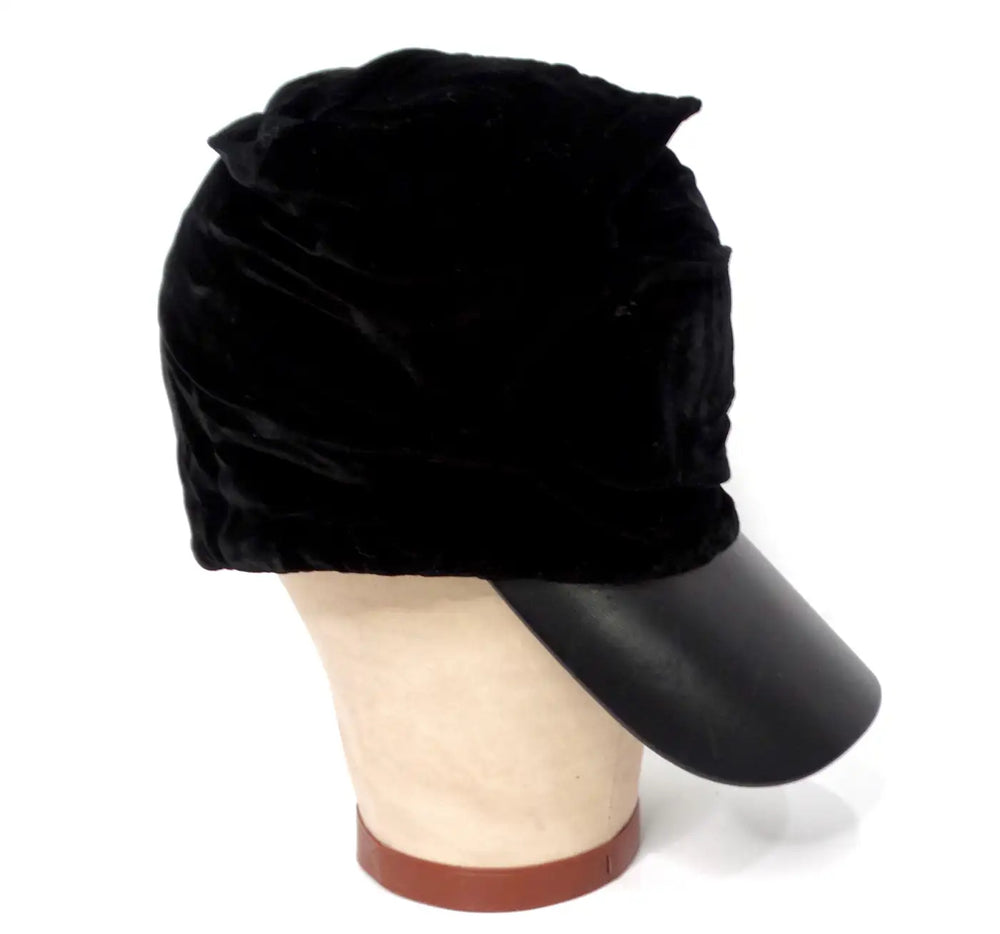 Giorgio Armani Black Velvet Gathered Leather Brim Hat circa Y2K