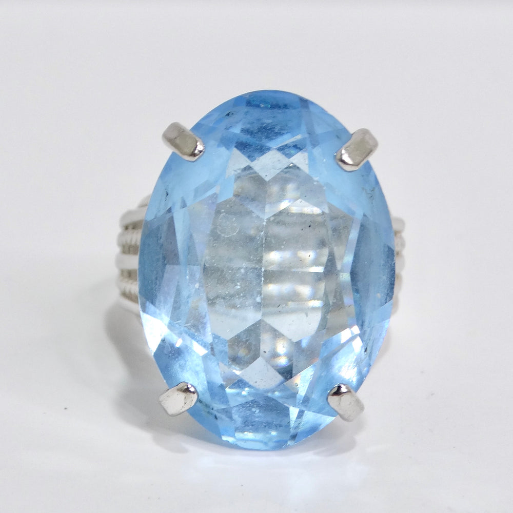 1970s Synthetic Aquamarine Silver Plated Cocktail Ring